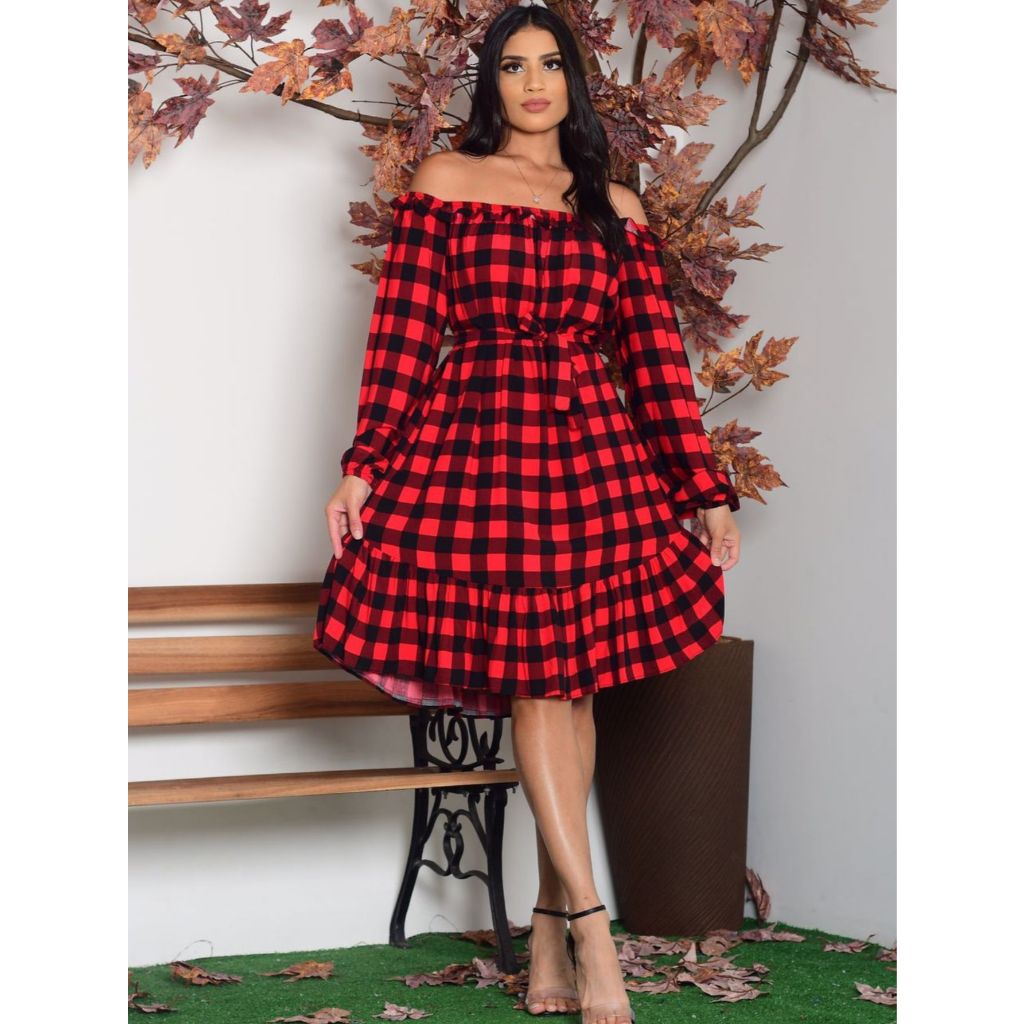 Vestido Xadrez Ciganinha Soltinho Manga Cumprida com Cinto Festa Junina