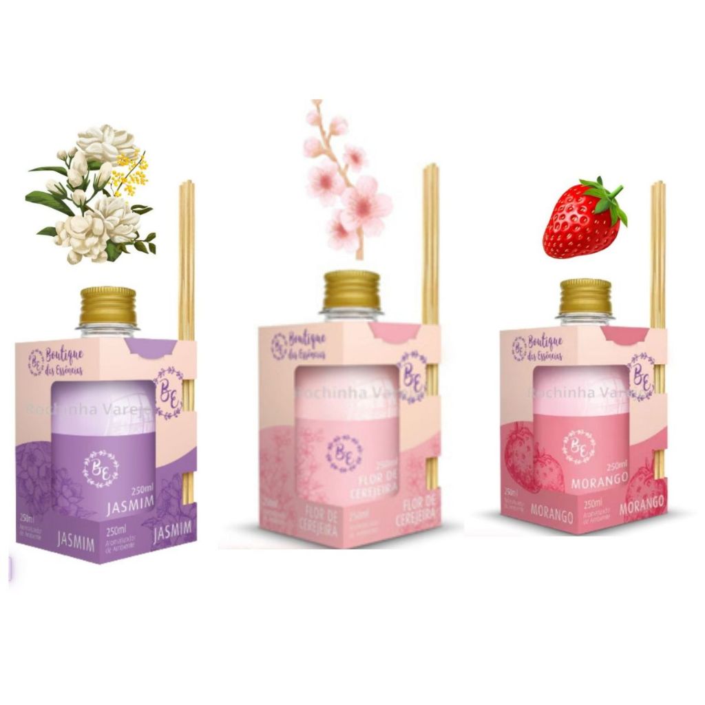 Kit 3 Aromatizadores 1 Jasmim 1 Morango 1 Flor cerejeira 250ml cada