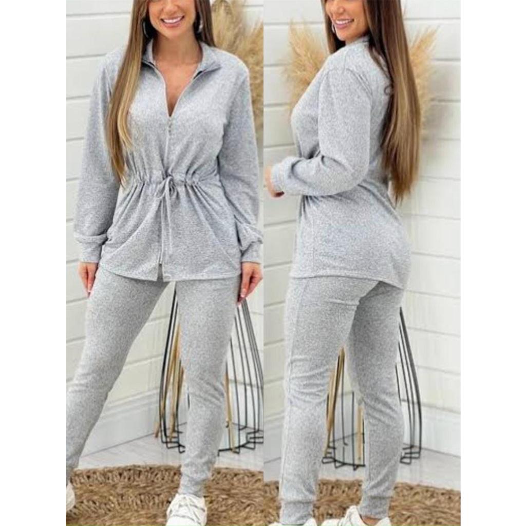 conjunto feminina com ziper calça com bolso tecido lanzinha estica em Oferta na Shopee