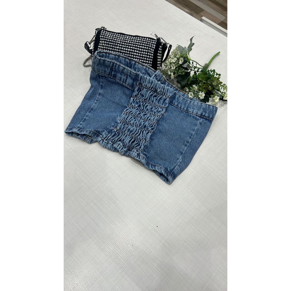 Cropped Jeans Feminino Tomara Que Caia Top Curto Elastico