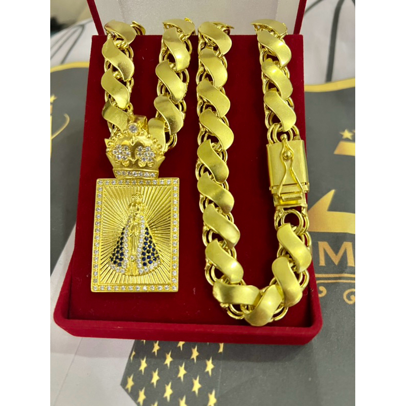 corrente friso s 12mm 70cm+ Pingente nossa senhora lançamento de moeda pura em Oferta na Shopee