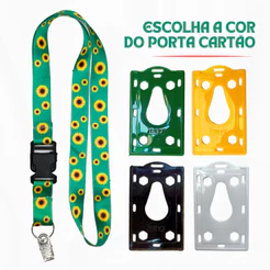 Kit Cordão Girassol + Porta Cartão Bilhete Único Escolha a Cor + Presilha Jacaré