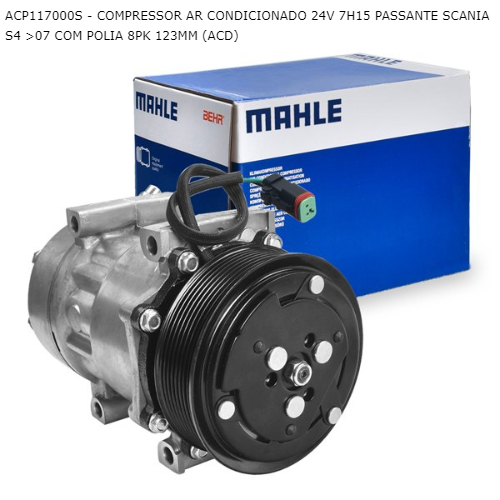 COMPRESSOR AR CONDICIONADO 24V 7H15 PASSANTE SCANIA S4 >07 COM POLIA 8PK 123MM (ACD)