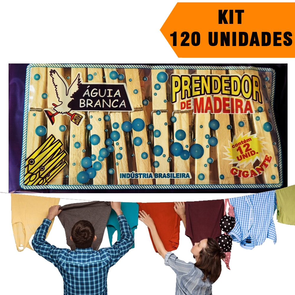 Kit 120 Prendedores Pregadores De Roupa Gigante Madeira Multiuso Lar Grampo Roupa Varal Águia Branca