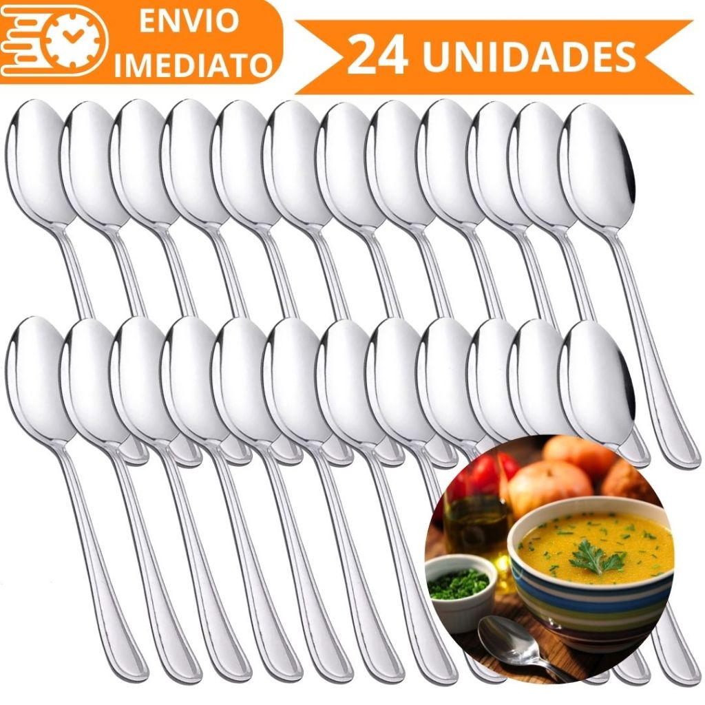 KIT 24 Unidades Colher de Mesa GRANDE Talher 100% Aço Inox Refinada Sopa Arroz Para Casa Cozinha Bar Restaurante Buffet
