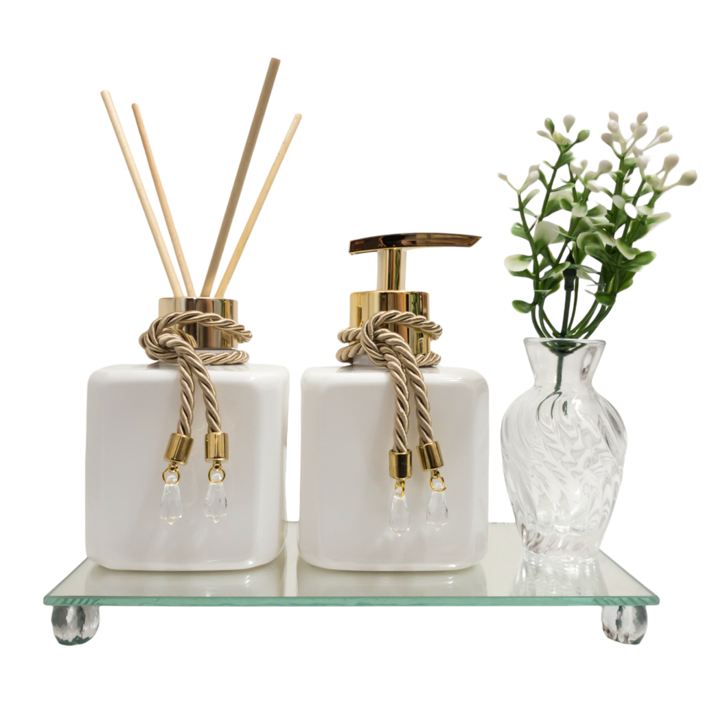 Kit Aromatizador e Saboneteira Pet Branco 300ml Com Bandeja Espelhada e Vaso Decorativo La...