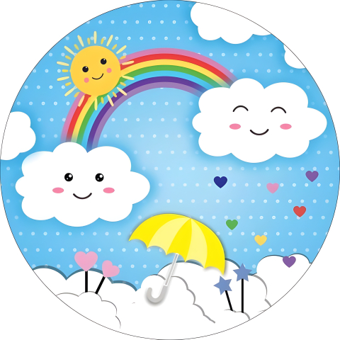 Painel Festa Infantil Redondo Chuva de Amor Nuvens Felizes e Radiantes Coração Arco-Íris, Fundo Azul + Arco, Suporte incluso. Fazemos personalizado com qualquer tema. Confeccionado em Lona fosca, impressão de alta resolução. cenário Circular p/ Decoraçõe