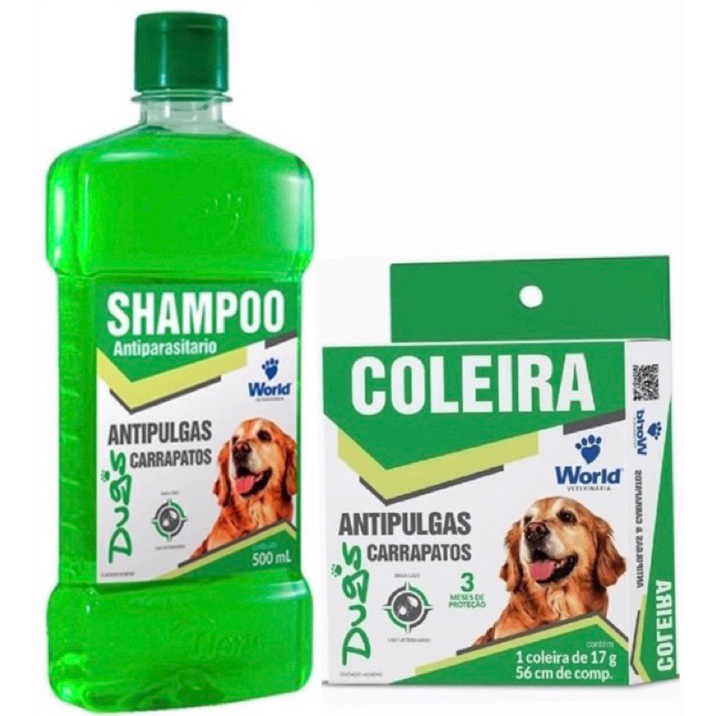 Kit 1 Shampoo 500Ml + 1 Coleira  Dugs Antipulgas e Carrapatos p/Cães 17g c/ 56cm- World Veterinária