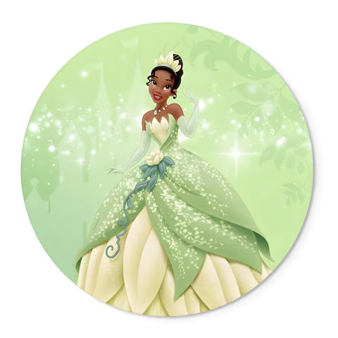 Painel Festa Infantil Redondo Tiana Princesa e o Sapo Disney, fundo Glitter Verde Claro + Arco, Suporte incluso. Fazemos personalizado com qualquer tema. Confeccionado em Lona fosca, impressão de alta resolução. cenário Circular p/ Decoraçõe