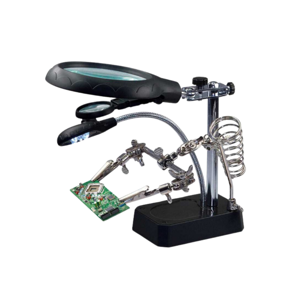Lupa De Bancada Mesa Aumento 10x Com Suporte 5 Leds 3 Lentes Garras De Solda
