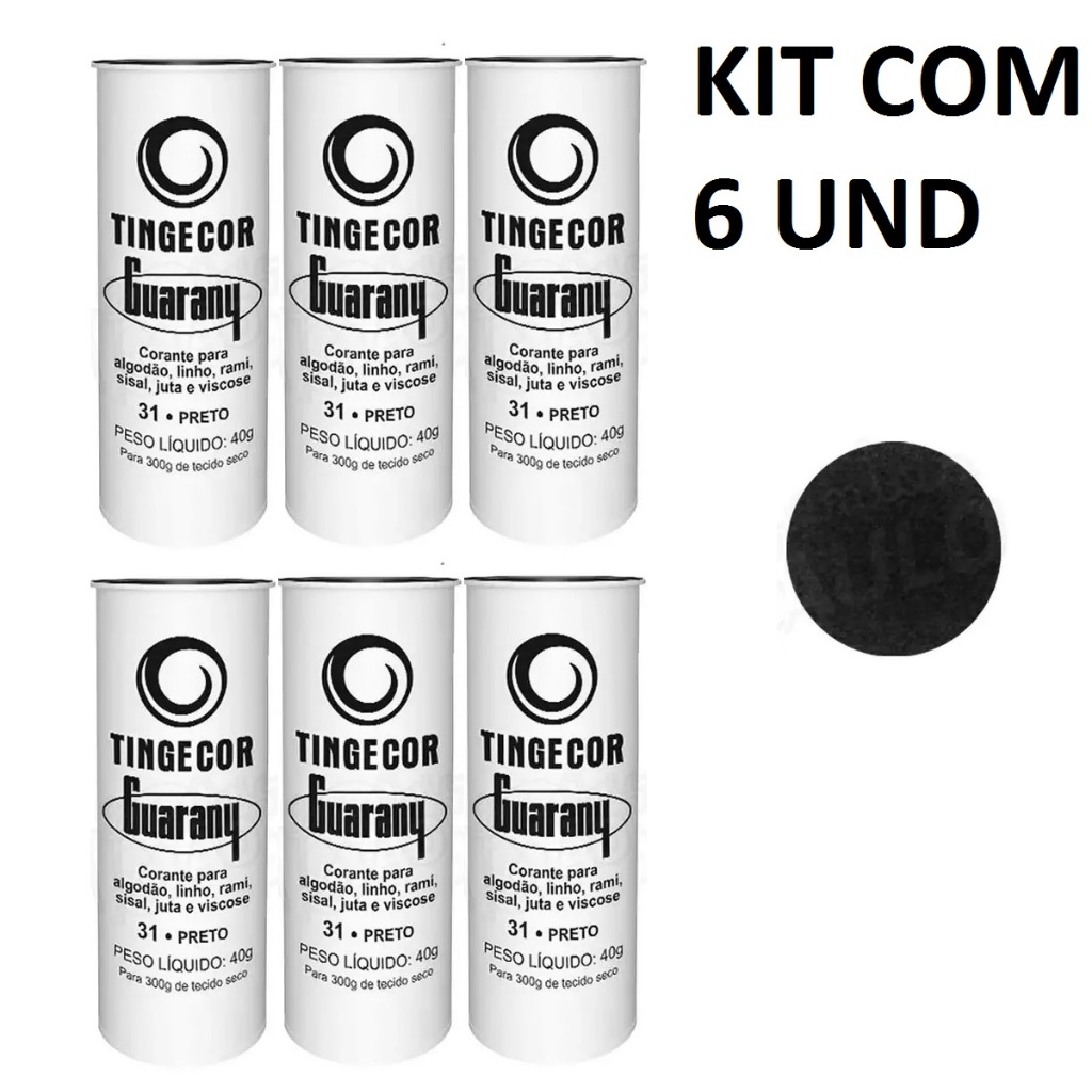 KIT COM 6 Tingecor Preto Guarany 40g Corante de Roupas