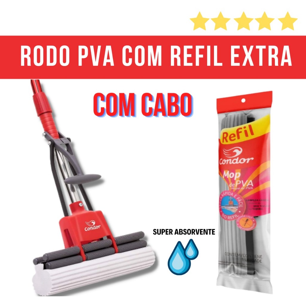 Rodo Super Absorvente Mágico Para Limpeza Americano MOP PVA Com REFIL Extra Com Cabo Limpa Fácil Prático Esfregão