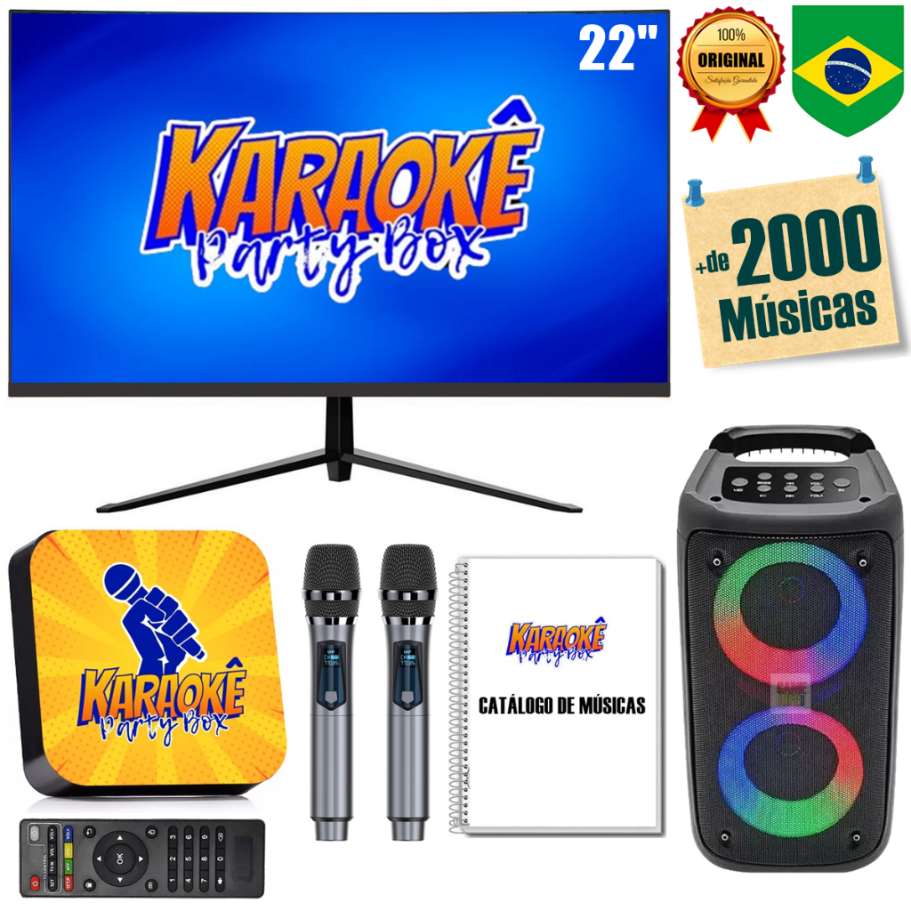 Karaoke Party Box Completo +Monitor +Caixa De Som +2 Microfones Sem Fio +Catálogo De Música Impresso