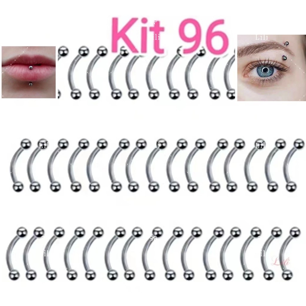 kit 96 (8 cartelas) Piercing de Aço Cirúrgico Miribel Curvo Básico Para Orelha Boca Sobrancelha ou umbigo