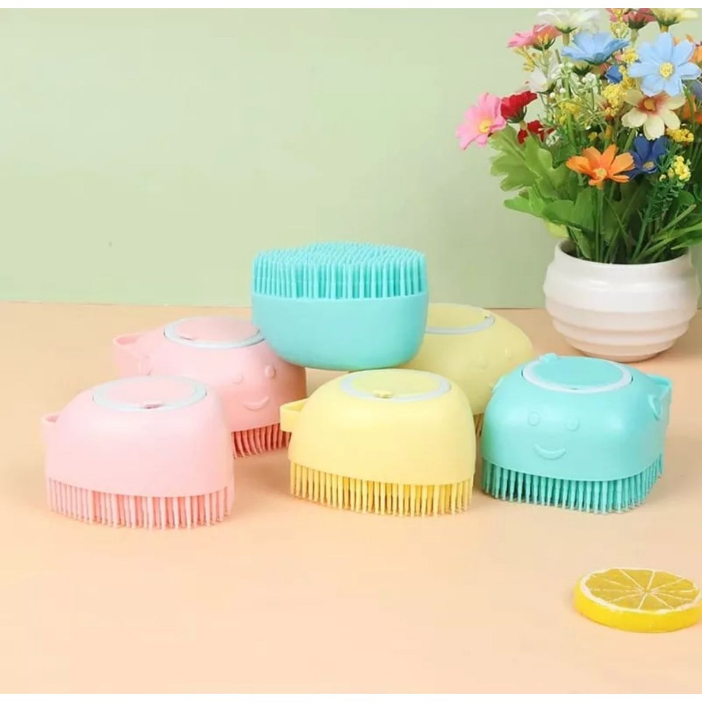 Esponja Para Banho de Silicone com Dispenser Massageador Escova Shampoo Sabonete Liquido Infantil Pet Crianças