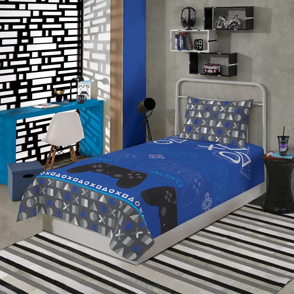 Jogo De Cama Playstation® Solteiro (Azul Escuro e Preto) 2 Peças LEPPER