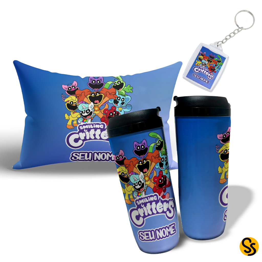Kit Copo Smiling Clitters Térmico, com Almofada e Almochaveiro Poppy Playtime