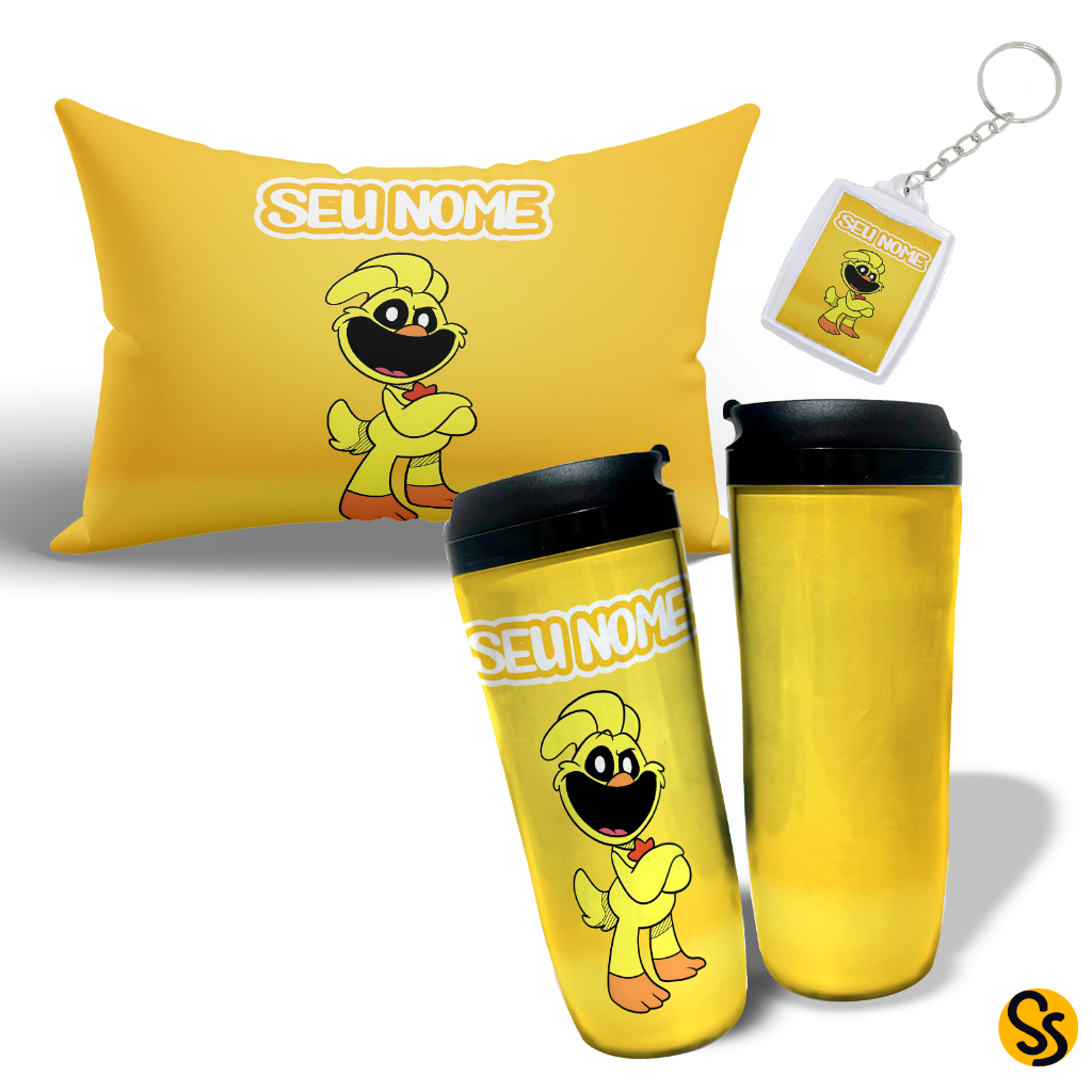Kit Copo Smiling Clitters Térmico, com Almofada e Almochaveiro Poppy Playtime KickingChicken