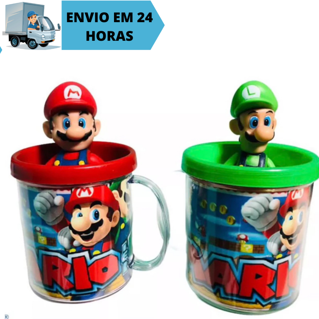 Combo Kit 2 Conjunto Boneco Mario E Luigi World Articulado 12cm + Caneca Personalizada 350ml