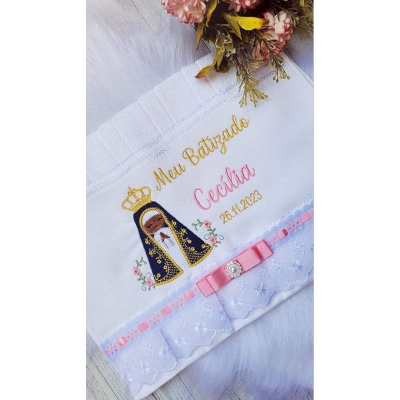 Toalhas bordada, toalha batismo, toalha batizado, Nossa Senhora, toalha personalizada.