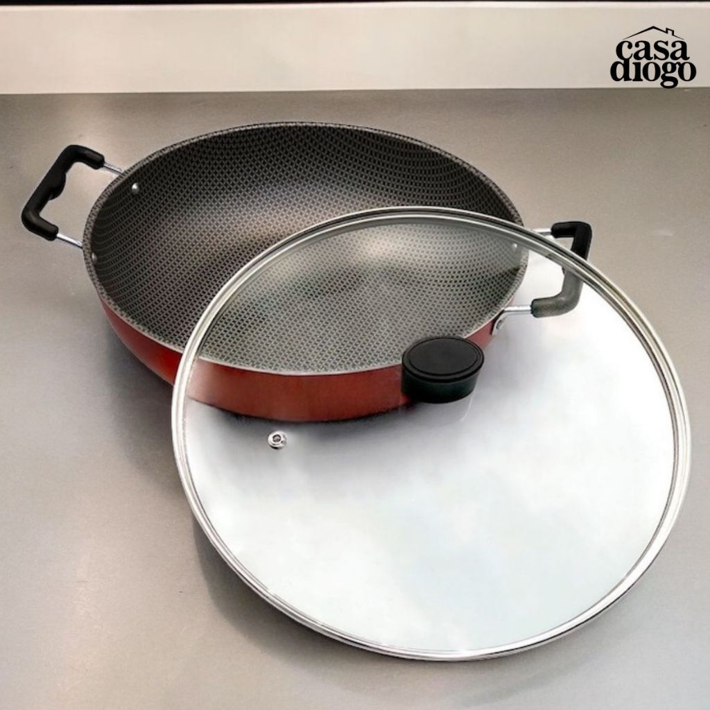 Wok Top 30cm com Tampa de Vidro e Alça Panela Caçarola Frigideira Cozido Paella - Vermelho