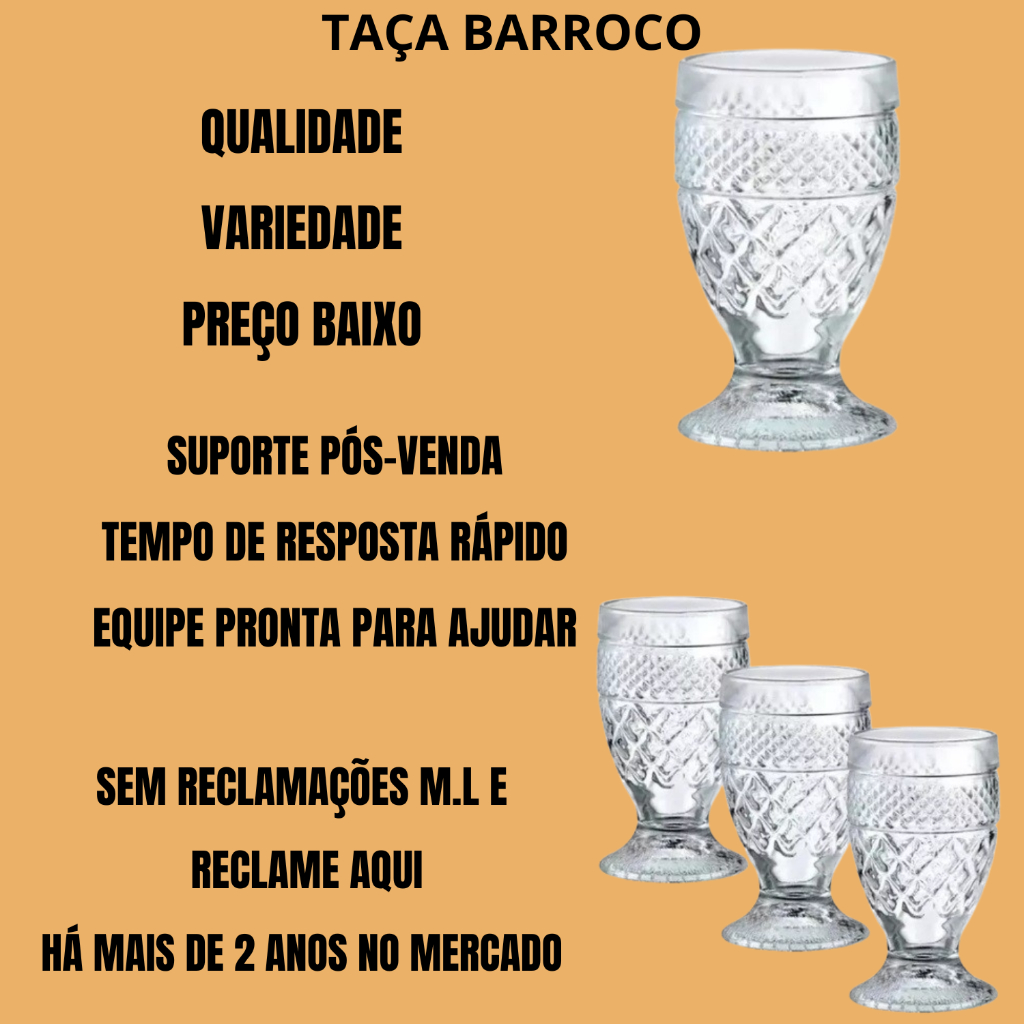 Super Kit 4 Taças Barroco de Vidro - Vinho - Suco - Agua - Elegância - Impressione Suas Visitas -