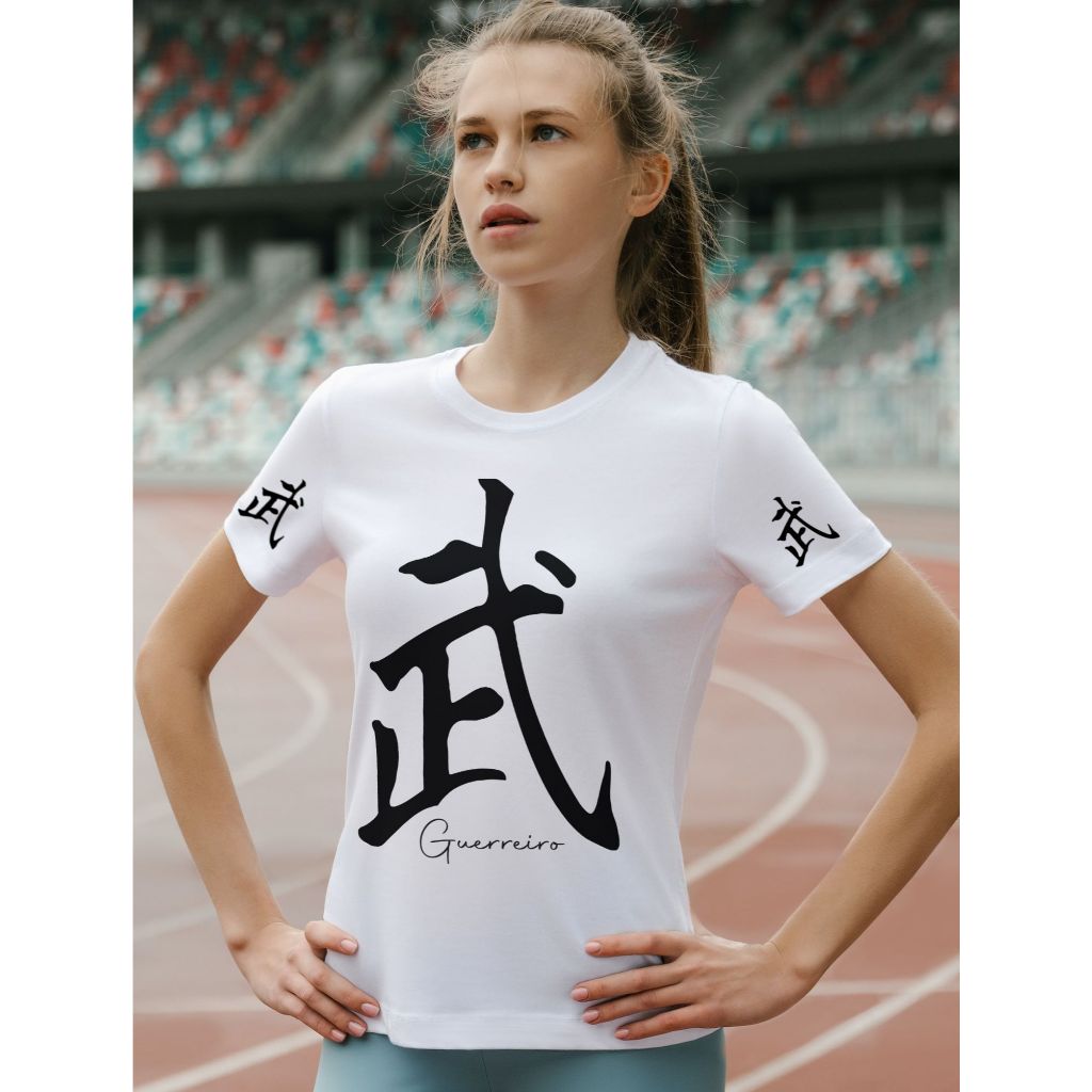 Camiseta Poliéster Unissex Ideogramas Japoneses Guerreiro Estampa Frente Mangas Personalizada Camisa
