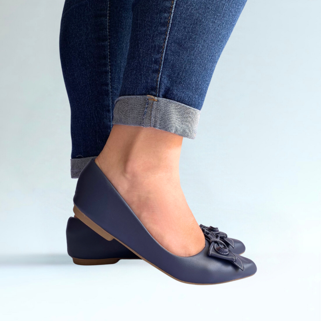 Sapatilha Feminina Confortável Bico Fino Sapatilha Laço Infinito Azul Marinho Elegante Infinity