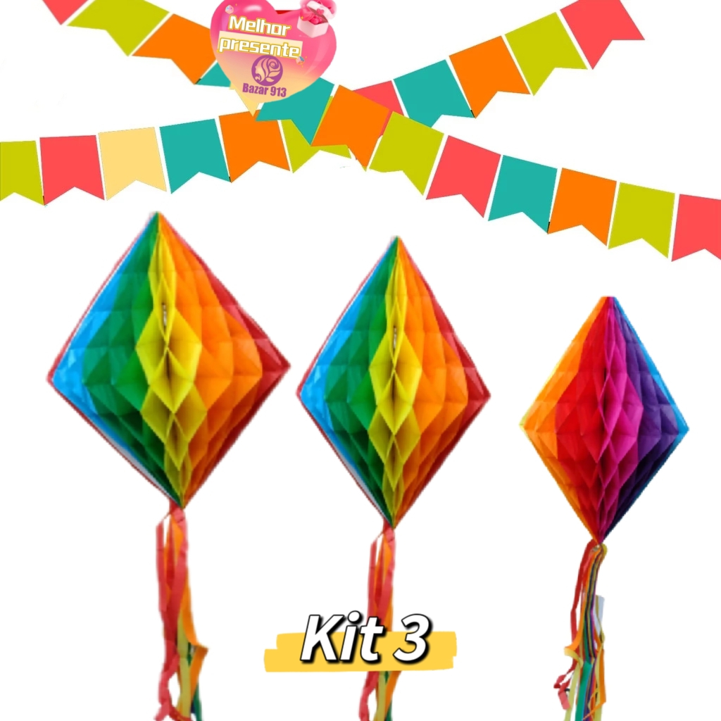Kit 3 Enfeite Festa Junina Balão Papel Colorido 30cm e 40cm Com Franja Losango Decoração Arraial Juliana
