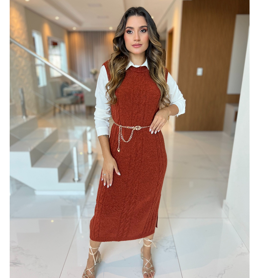 Vestido Feminino Longo de Tricô Mousse Canelado com Trancas Moda Evangélica Outono Inverno em Oferta na Shopee