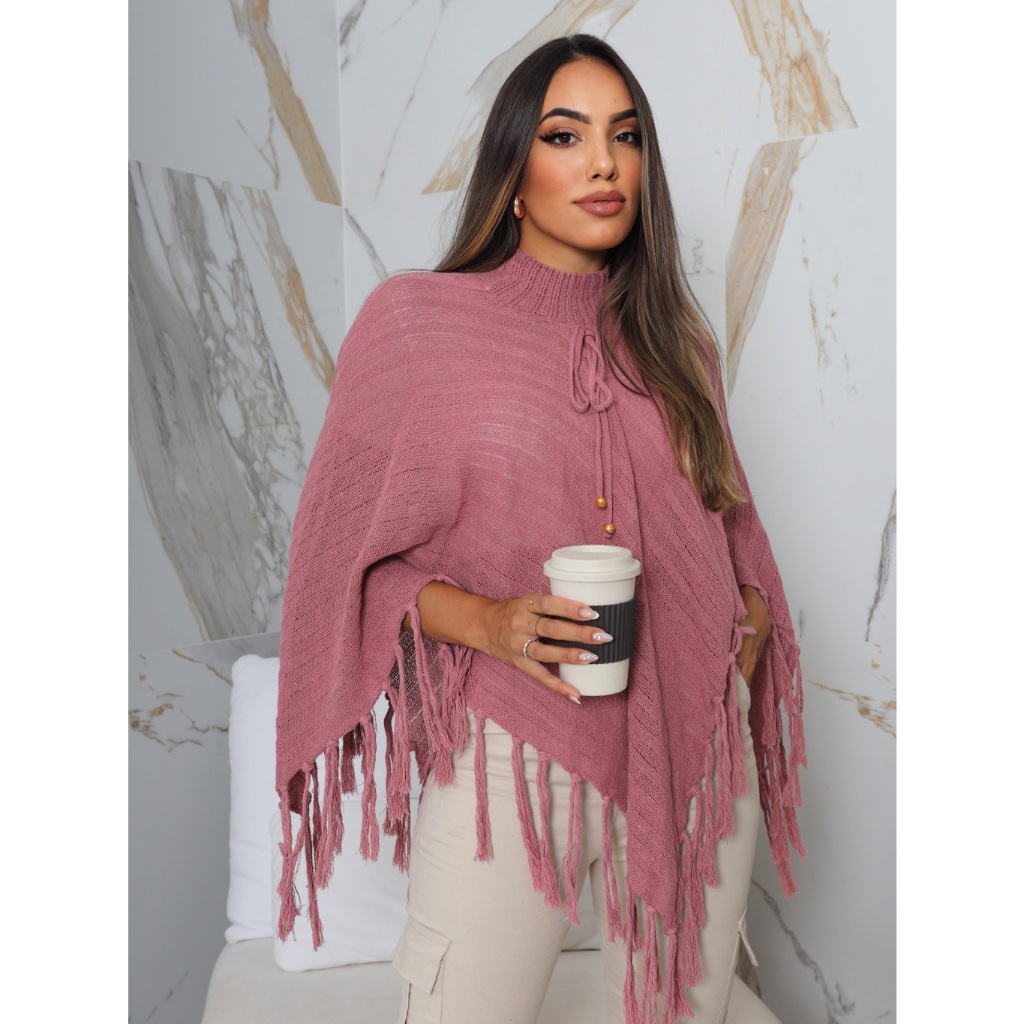 Poncho Tricô Franja Cacharrel Feminino Inverno Luxo Imperdível Tricot