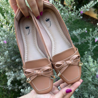 Mocassim Laço Delicado Caramelo Sapatilha Feminina Bico Quadrado Antique Sapato Casual Sandalia