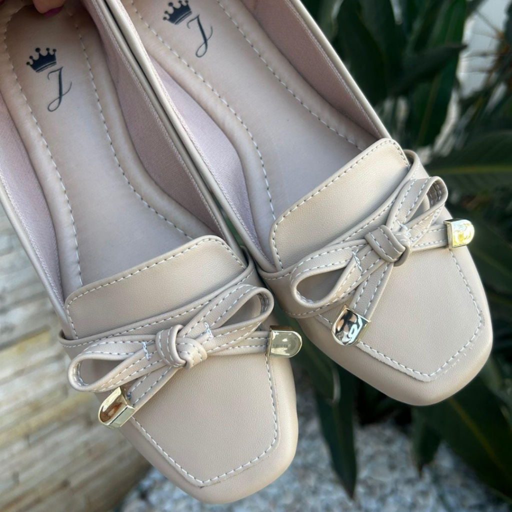 Mocassim Feminino Luxo com Laço Delicado Sapatilha Casual Bege Bico Quadrado Sapato Elegante Confot Estilosa Sandalia Moda