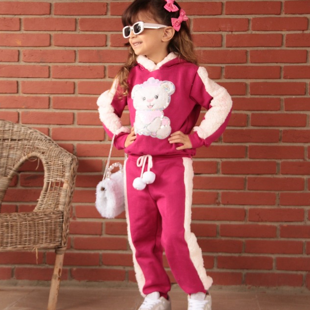 Conjunto Moletom Feminino Infantil Flanelado Inverno Calça + Blusa de Frio Meninas Crianças Plush com Touca