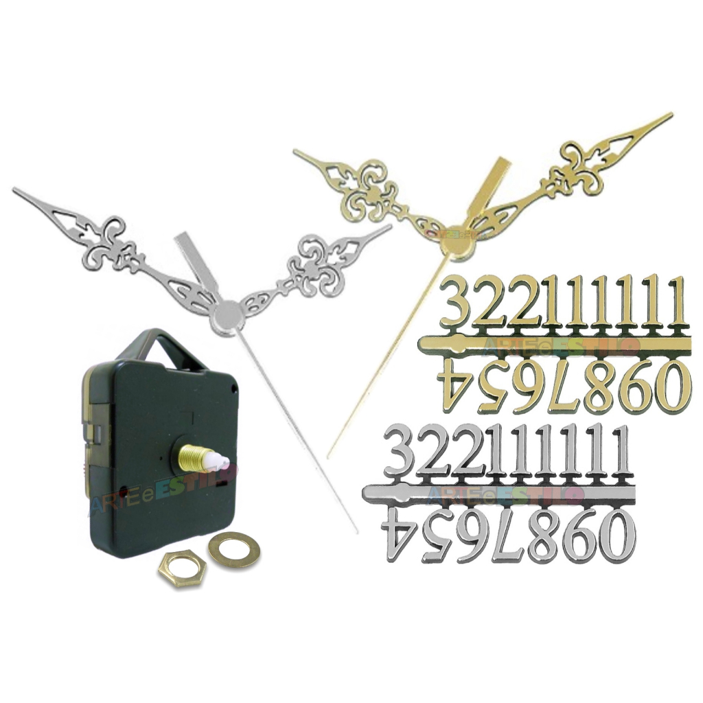 1 Máquina De Relogio + Ponteiros dourados ou prateados + Números Arábicos Prata ou Dourado parede em Oferta na Shopee