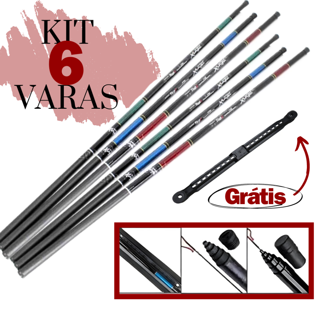 Kit Pesca Completo 6 Varas Telescópicas 2,40m + 2,70m + 3,00m Fibra Vidro Capa e Enrolador de Linha