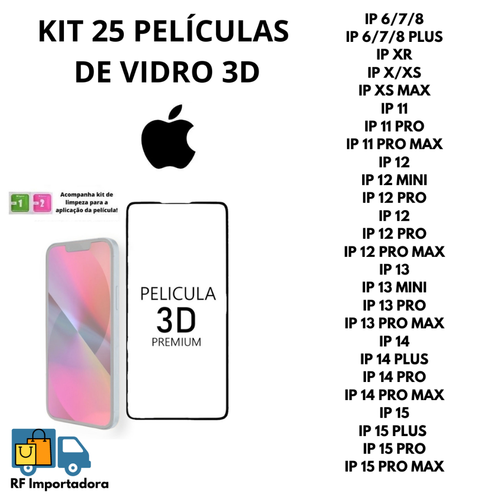 Kit 25 Películas De Vidro 3D Temperado Para Iphone 7/8G 7/8 PLUS XR X/XS XS MAX 11 12 13 14 15 PRO MAX