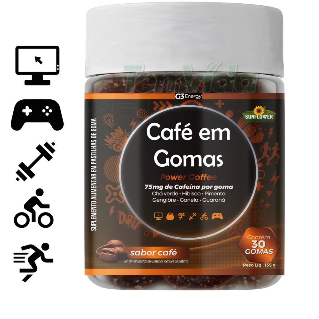 Cafeína em Goma Energético Pré treino Power Coffee - 75mg de Cafeína por Goma Sunflower