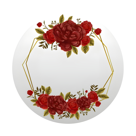 Painel Festa Infantil Redondo Flores Rosas Vermelhas Formas Dourada fundo Branco + Arco, Suporte incluso. Fazemos personalizado com qualquer tema. Confeccionado em Lona fosca, impressão de alta resolução. cenário Circular p/ Decoraçõe