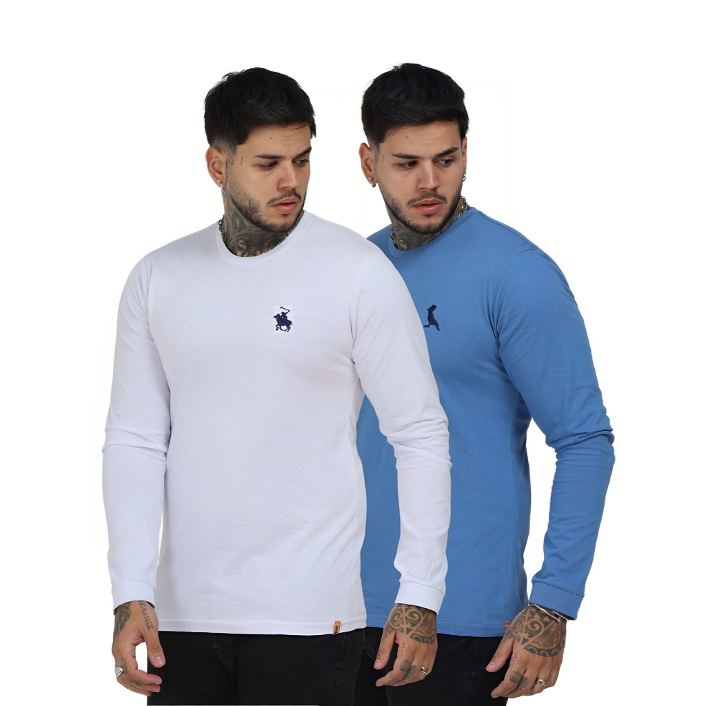 Kit 2 Camiseta Manga Longa Masculina Manga Comprida Bordada
