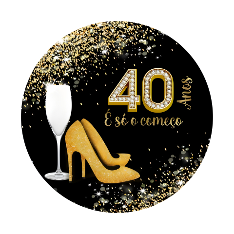 Painel Festa Infantil Redondo Glitter e Brilho Dourado 40 anos Taça Salto, fundo Preto + Arco, Suporte incluso. Fazemos personalizado com qualquer tema. Confeccionado em Lona fosca, impressão de alta resolução. cenário Circular p/ Decoraçõe