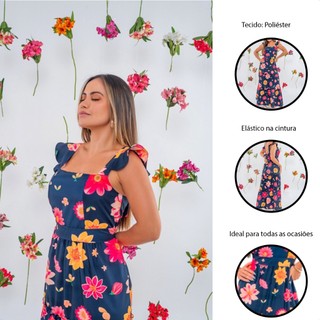 VESTIDO LONGO FEMININO SEM MANGA FLORAL VERÃO VESTIDO ALÇA 3  MARIAS FLORAL MARINHO