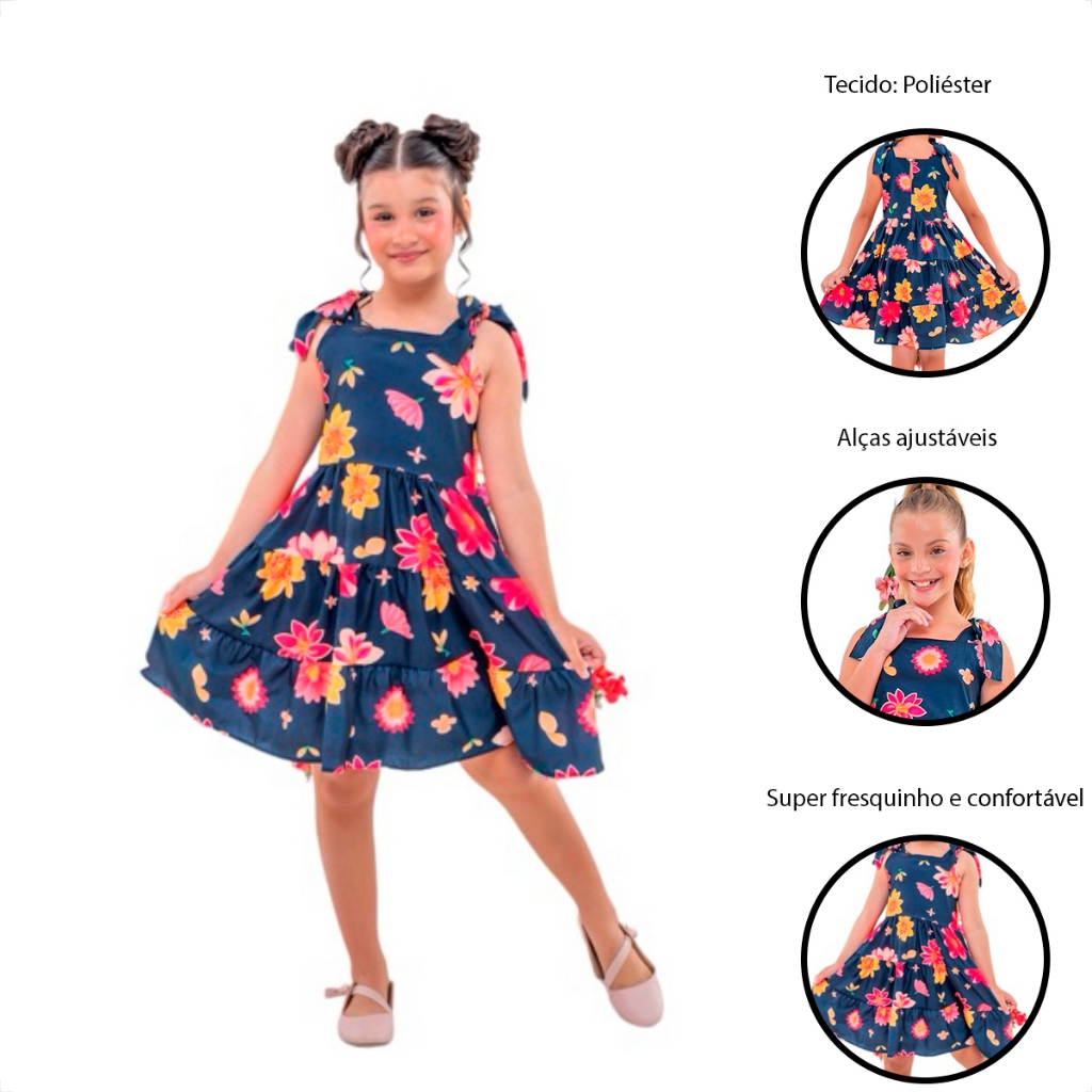 VESTIDO INFANTIL MENINA 3 MARIA AZUL MARINHO FLORAL