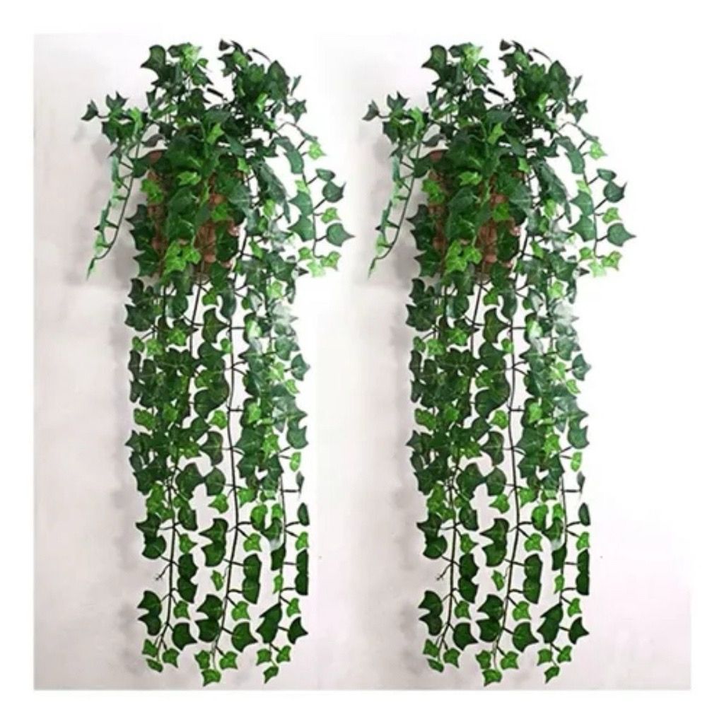 2 Kit Planta Decorativa: 2 Vasos Trançado + 6 Pendentes Artificial Folhas de Hera Verde