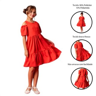 VESTIDO DE MENINA INFANTIL E JUVENIL MANGUINHA OMBRO VAZADO VERMELHO