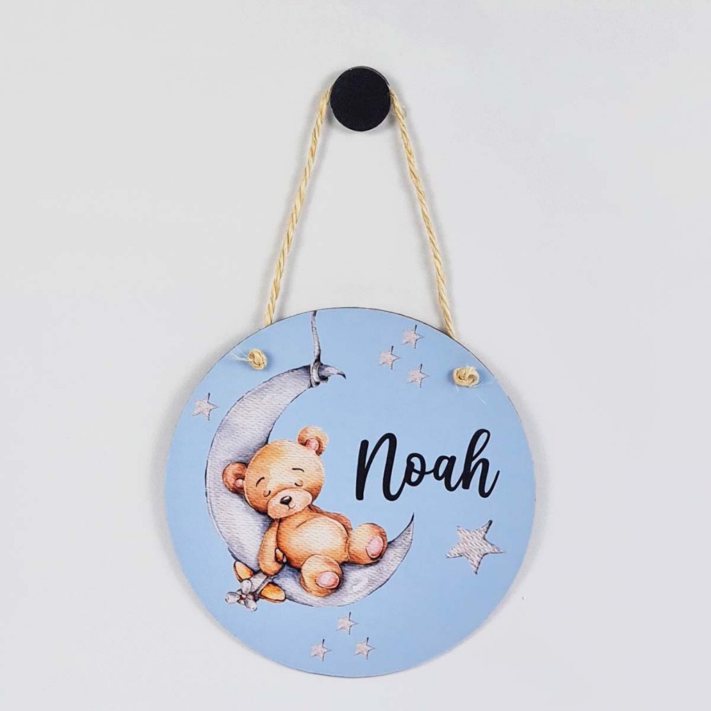 Porta Maternidade Personalizado Com Nome Ursinho Lua Bebê Menino Placa Quarto Infantil