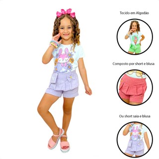 KIT 2 CONJUNTOS INFANTIL MENINA COM CAMISETA E SHORT LORENA
