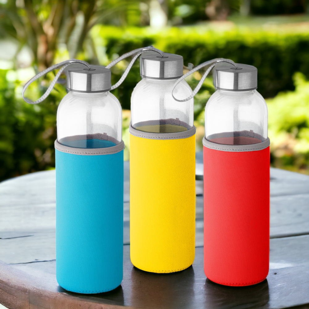 Garrafa de Vidro Squeeze Com Capinha Em Neoprene 500Ml Varias Cores Lindas Escritorio Escola Moderna