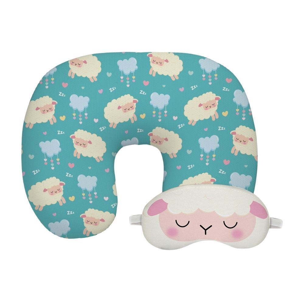 Kit Almofada de Pescoço + Máscara de Dormir Infantil Adulto Ovelhinha 2 Peças Apoio Criança Bebe Carro Sofá Cama Fofa Estampa Digital Protetor