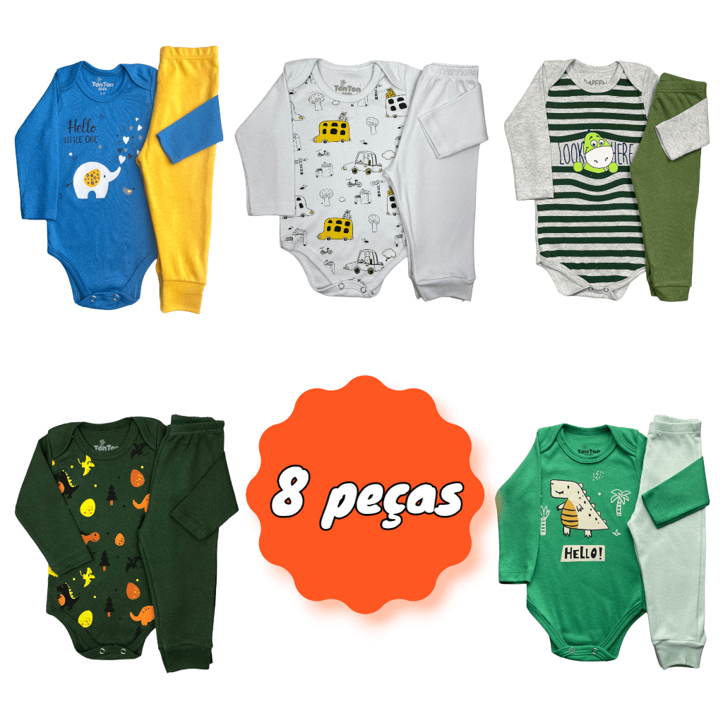 Kit 8 Peças Body Bebe MENINO 100% Algodao - 4 Conjuntos